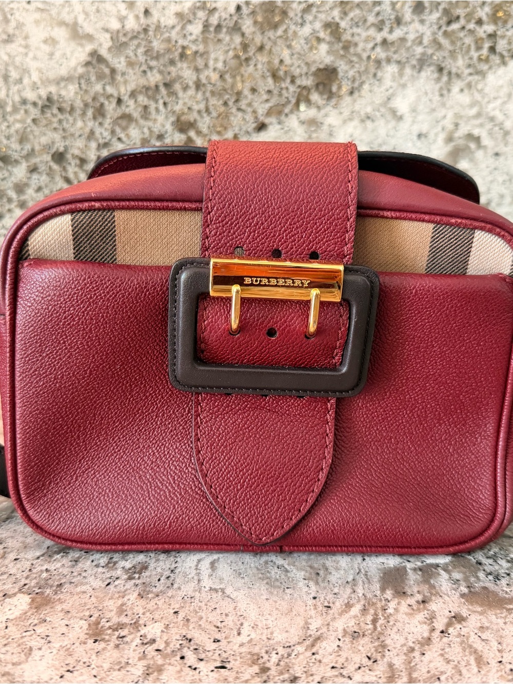 Burberry Burgundy Leather Crossbody with Vintage Check and Gold Hardware - Picture 1 of 16